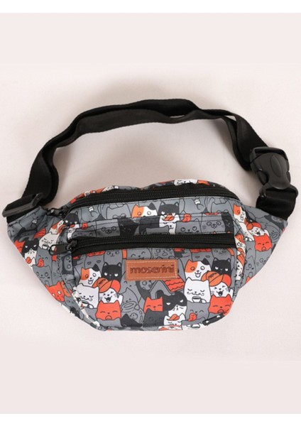 Sevimli Kedi Desenli Unisex Omuz ve Bel Çantası, Şık ve Kullanışlı Gri Renk fırsatları