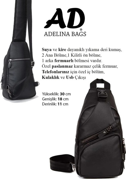 Yıkama Deri Çapraz Askılı Göğüs ve Omuz Çantası, USB Kulaklık Çıkışlı