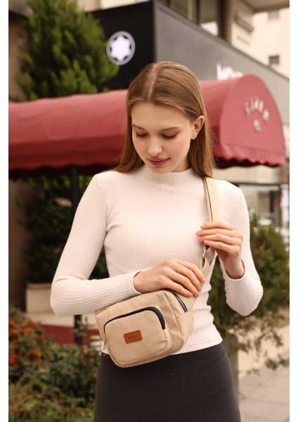 Yeni Model Bej Yazılı Kanvas Bel Çantası, Şık ve Kullanışlı Tasarım