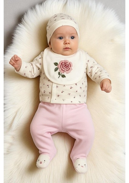 Kız Çocuk Bereli Önlüklü Gül Nakışlı Zıbın Takımı 0-3 Yaş %100 Pamuklu