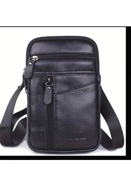 Şık Siyah Hakiki Deri Erkek Bel Çantası, Günlük Kullanım Için Uygun