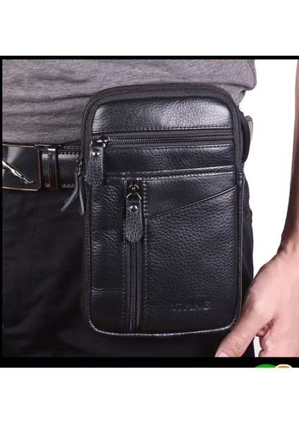 Şık Siyah Hakiki Deri Erkek Bel Çantası, Günlük Kullanım Için Uygun fiyatları