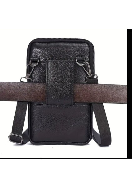 Şık Siyah Hakiki Deri Erkek Bel Çantası, Günlük Kullanım Için Uygun fırsatları