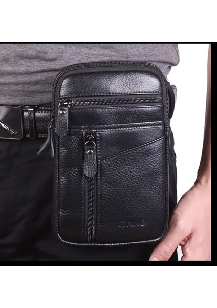 Şık Siyah Hakiki Deri Erkek Bel Çantası, Günlük Kullanım Için Uygun indirimleri