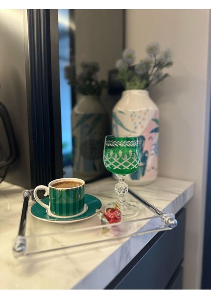Boru Kulp Pleksi Kahve Sunum Tepsisi Gümüş Kulp