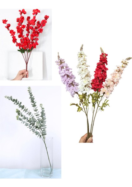 Lüks Yapay Çiçek Aranjman Seti – 1 Adet Okaliptus Dalı + 3 Adet Delphinium Çiçeği + 7 Dallı Kırmızı Bahardalı Demeti