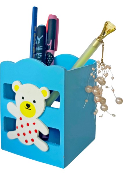 Ahşap Masaüstü Kalemlik Sevimli Ayı Mavi- 1 Adet fiyatları