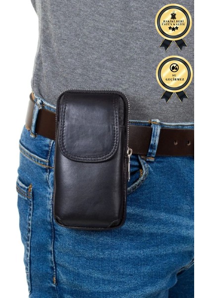 Şık Hakiki Deri Omuzdan Askılı Mıknatıslı Telefon Kılıfı Siyah
