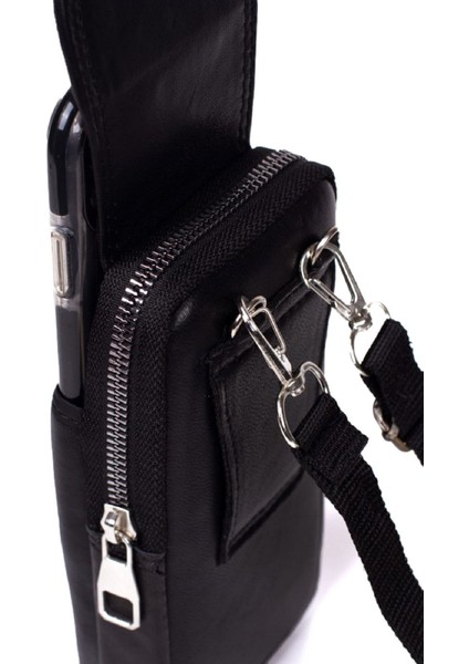 Şık Hakiki Deri Omuzdan Askılı Mıknatıslı Telefon Kılıfı Siyah indirimleri