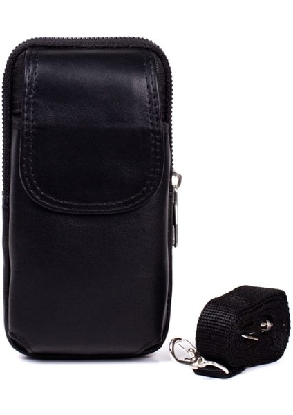 Şık Hakiki Deri Omuzdan Askılı Mıknatıslı Telefon Kılıfı Siyah