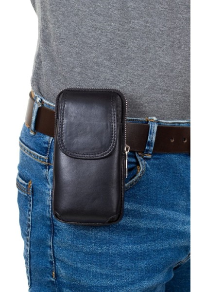 Şık Hakiki Deri Omuzdan Askılı Mıknatıslı Telefon Kılıfı Siyah