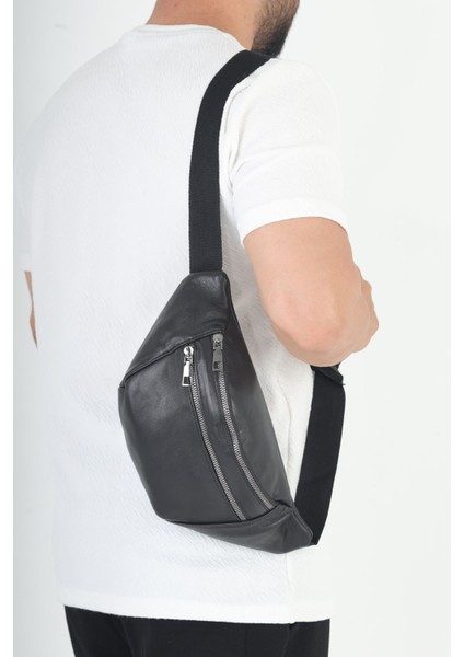 Unisex Hakiki Deri Siyah Çok Gözlü Bel Çantası modelleri