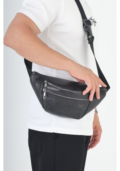 Unisex Hakiki Deri Siyah Çok Gözlü Bel Çantası fırsatları