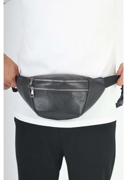 Unisex Hakiki Deri Siyah Çok Gözlü Bel Çantası