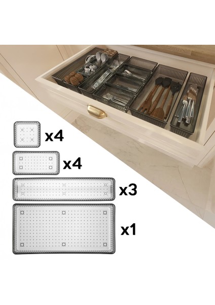 12 Parça Modüler Kaşıklık Seti - Ayarlanabilir Mutfak Çekmece Içi Düzenleyici Organizer Antrasit