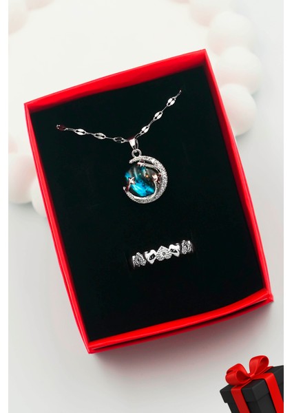 Kadın Paslanmaz Çelik Gümüş Gökyüzü Kolye ve Taşlı Kalp Yüzük (Kutulu)