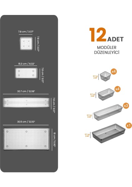 12 Parça Modüler Kaşıklık Seti - Ayarlanabilir Mutfak Çekmece Içi Düzenleyici Organizer Antrasit fiyatları