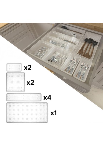 9 Parça Modüler Kaşıklık Seti - Ayarlanabilir Mutfak Çekmece Içi Düzenleyici Organizer Şeffaf