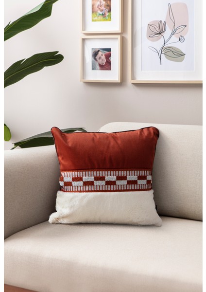 Premium Biyeli Tavşan Tüyü & Punch Işlemeli Tekli Dekoratif Özel Tasarım Kırlent Kılıfı