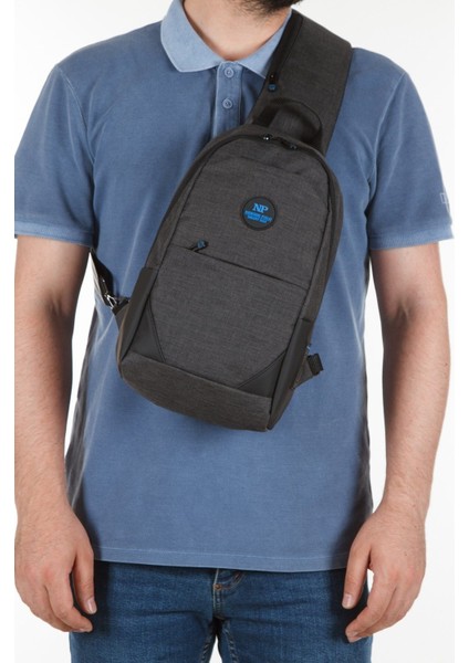 Keten Kumaş Erkek Çapraz ve Omuz Çantası, USB Çıkışlı, Siyah Renk