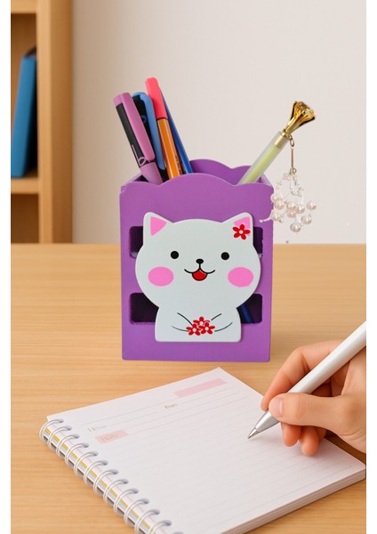 Ahşap Masaüstü Kalemlik Sevimli Kedi Mor - 1 Adet