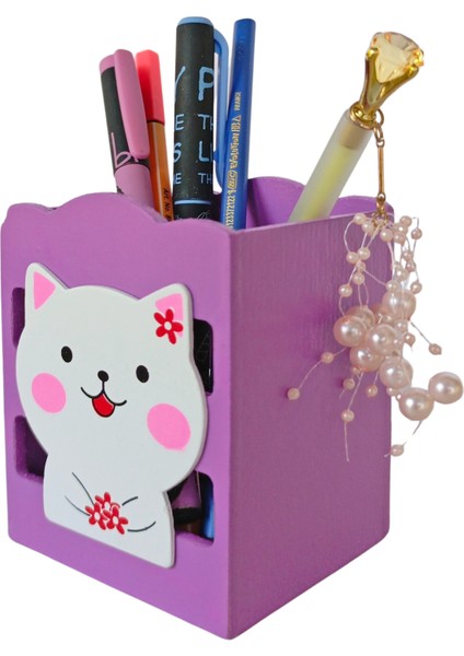 Ahşap Masaüstü Kalemlik Sevimli Kedi Mor - 1 Adet fiyatları