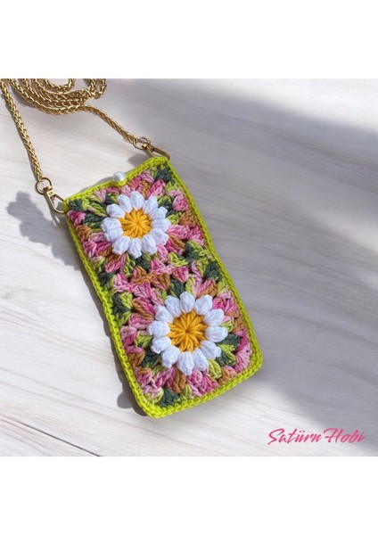 Mor Örgü Papatya Motifli Zincir Askılı Küçük Çanta ve Gözlük Kılıfı