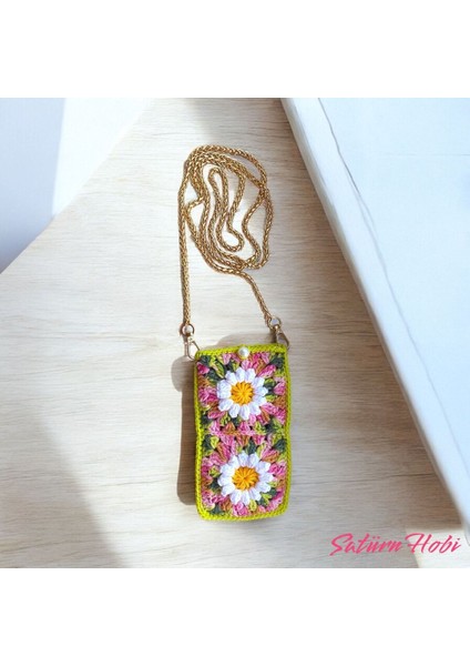 Mor Örgü Papatya Motifli Zincir Askılı Küçük Çanta ve Gözlük Kılıfı fiyatları