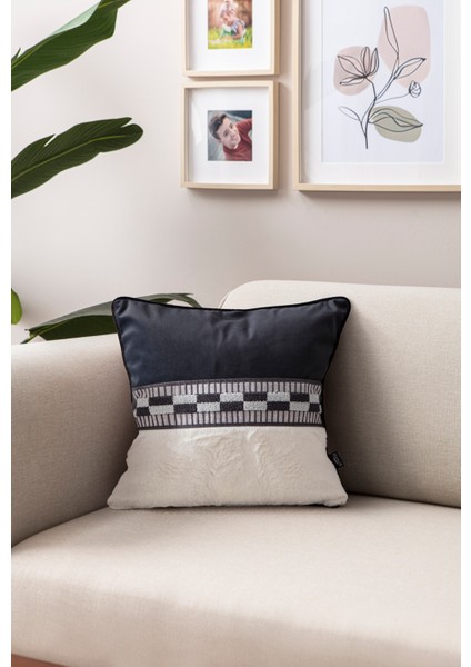 Premium Biyeli Tavşan Tüyü & Punch Işlemeli Tekli Dekoratif Özel Tasarım Kırlent Kılıfı