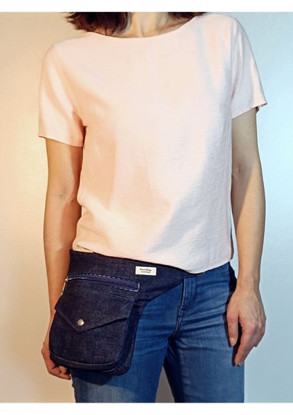 Lacivert Denim Kareli Astarlı Bel Çantası, Şık ve Kullanışlı Tasarım