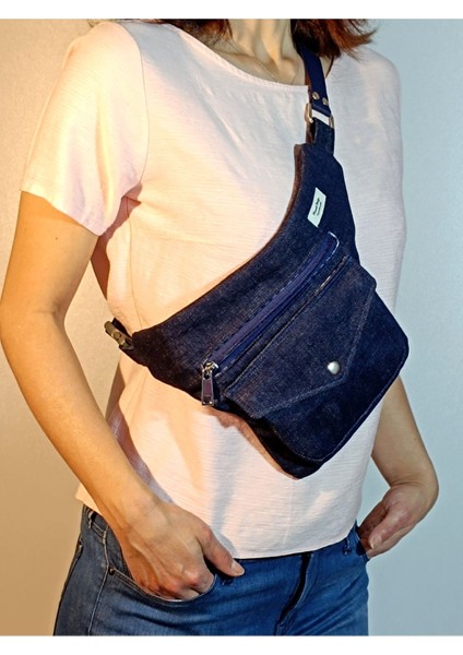 Lacivert Denim Kareli Astarlı Bel Çantası, Şık ve Kullanışlı Tasarım fiyatları