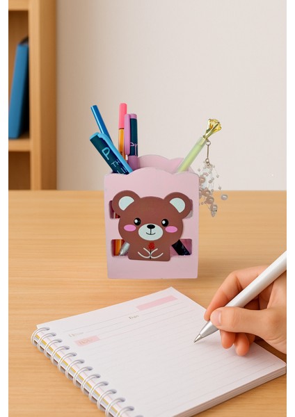 Ahşap Masaüstü Kalemlik Sevimli Ayı Pembe - 1 Adet