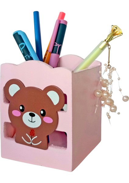 Ahşap Masaüstü Kalemlik Sevimli Ayı Pembe - 1 Adet fiyatları