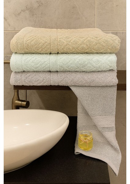 Karo 3’lü Banyo Havlu Seti – 100X150 cm %100 Pamuk, Yumuşak Dokulu,örgü Desen