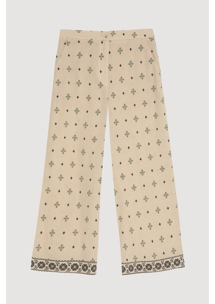 Etnik Desenli Bol Paça Pantolon Naturel