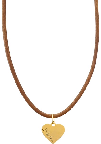 14 Ayar Plakalı Altın Kübra Ismine Özel Kahverengi Derili Kalp Figürlü Hediyelik KOLYE-550ISIM fiyatları