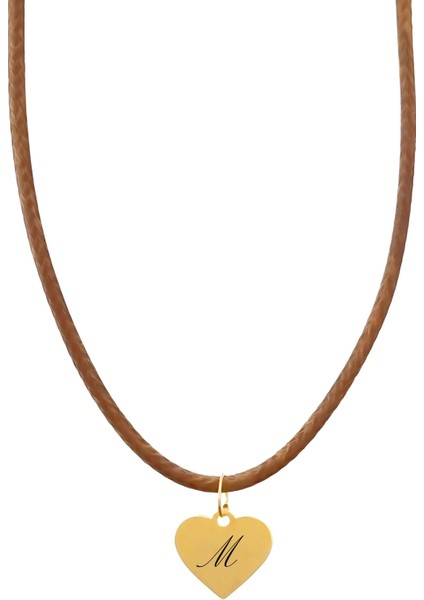 14 Ayar Plakalı Altın M Harfine Özel Kalp Figürlü Kahverengi Derili Hediyelik KOLYE-550HARF fiyatları