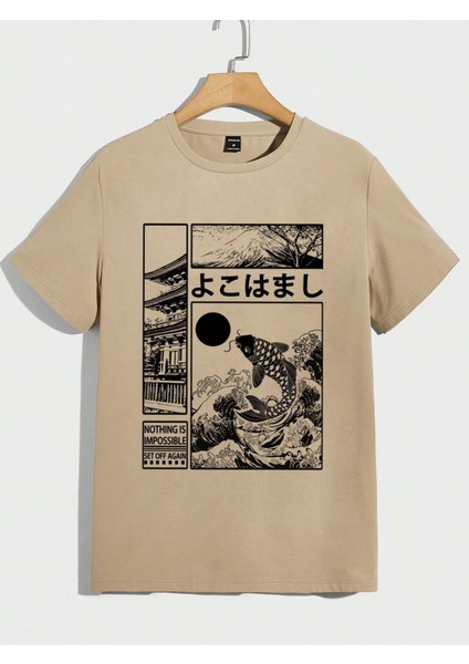 Erkek Bej Bisiklet Yaka Önü Japan Efekt Baskı Detaylı T-Shirt