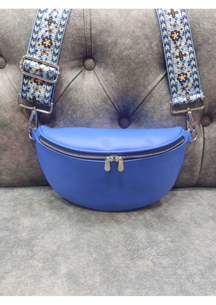Şık Hakiki Deri Mavi Çapraz Çanta, Bel ve Omuz Kullanımı Için.