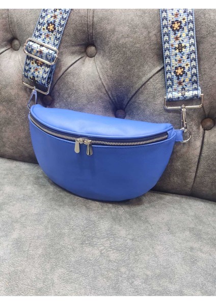Şık Hakiki Deri Mavi Çapraz Çanta, Bel ve Omuz Kullanımı Için. fiyatları
