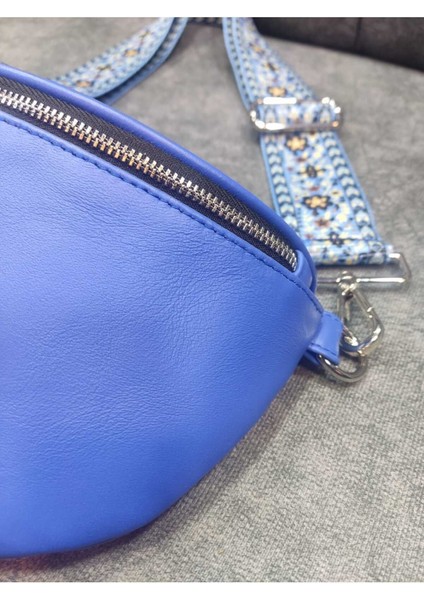 Şık Hakiki Deri Mavi Çapraz Çanta, Bel ve Omuz Kullanımı Için.