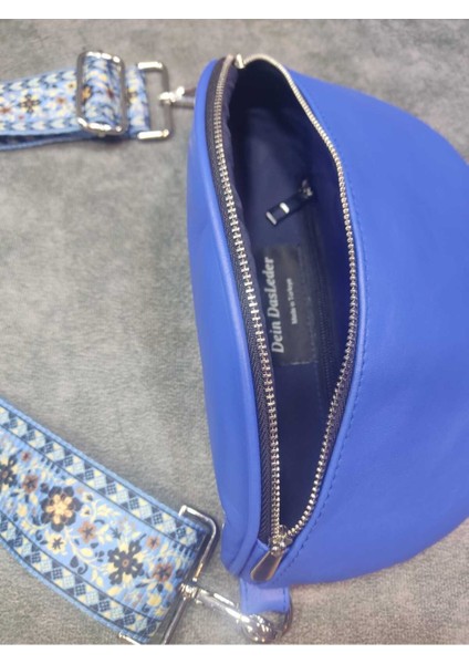 Şık Hakiki Deri Mavi Çapraz Çanta, Bel ve Omuz Kullanımı Için.