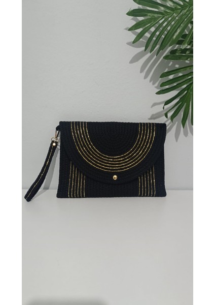 Gökkuşağı Tarzı Siyah ve Bej, Gümüş ve Gold Şeritli Kadın El Çantası