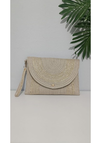 Gökkuşağı Tarzı Siyah ve Bej, Gümüş ve Gold Şeritli Kadın El Çantası