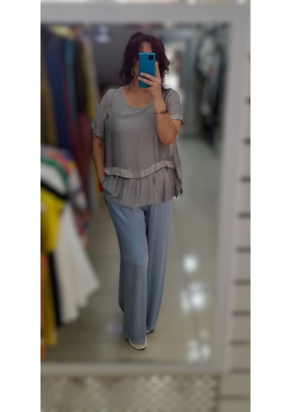 Italyan Payetli Vizon Ipek Bluz