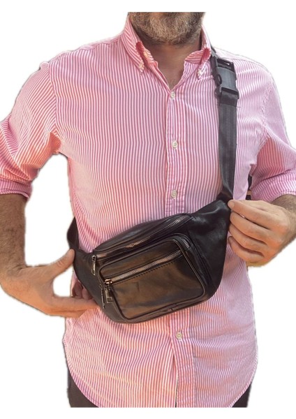 Şık Hakiki Deri Bel Çantası, Siyah Renk, Kullanışlı ve Dayanıklı Tasarım