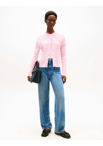 Kadın Pamuklu Orta Kalınlıkta Örgü Bisiklet Yaka Pembe Kazak WW0WW46514TOL fiyatları