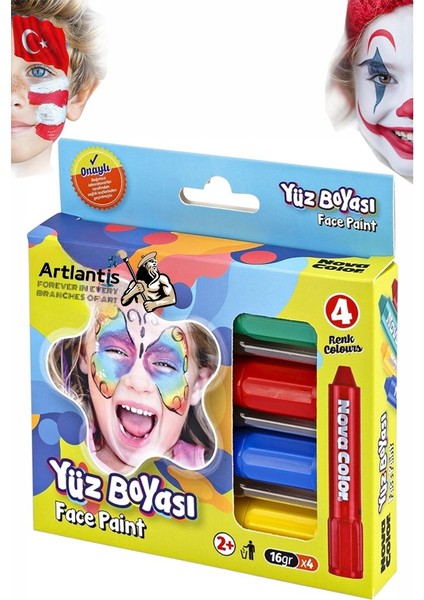 Yüz Boyası 4 Renk 1 Paket Face Paint Çevirmeli Yüz Kalemi Kolay Temizlenen Canlı Renkler