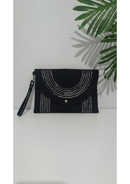 Gökkuşağı Tarzı Siyah ve Bej, Gümüş ve Gold Şeritli Kadın El Çantası