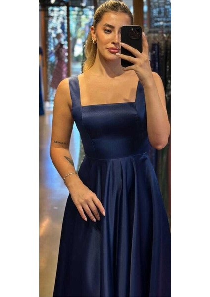 Lacivert Kalın Askı Kloş Etekli Saten Midi Abiye Elbise 7631 fiyatları